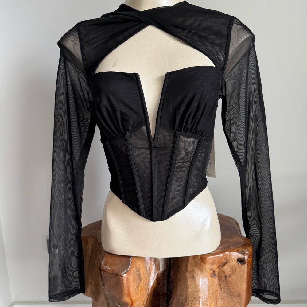 NWT Alana Eve Bianca Black Mesh Long Sleeve Corset V Neck Lace Up Back Top XS